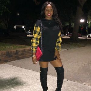 plaid shirt dress with knee high boots
